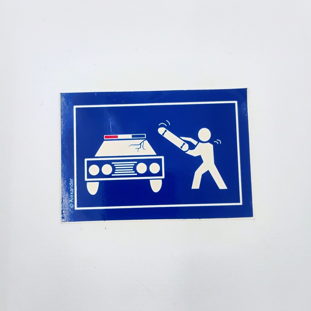 Alexander Skateboard Smashing Police Car Decal Sticker Vinyl Graphic VTG 90s Y2k